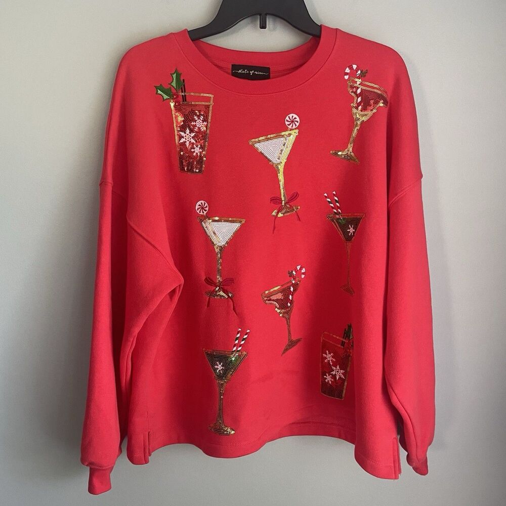 Martini Sequin Sweatshirt Womens L Martini Glass Christmas Red Holiday Sparkle